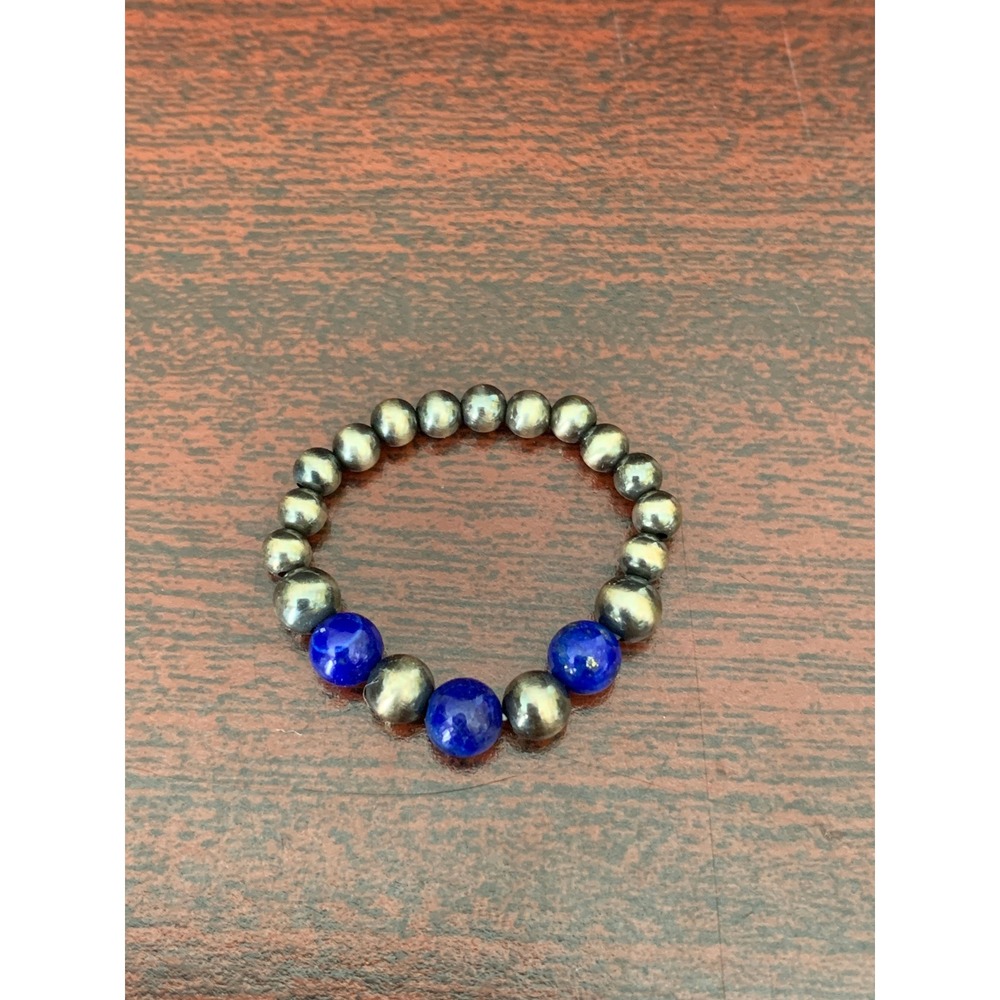 925 Sterling Silver Desert Pearl Lapis Lazuli Beaded Stretch Ring Adjustable